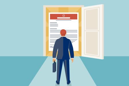 Illustration of a man holding a briefcase standing in front of an open door showing an enlarged cover letter, representing whether or not cover letters are necessary to apply for and obtain jobs