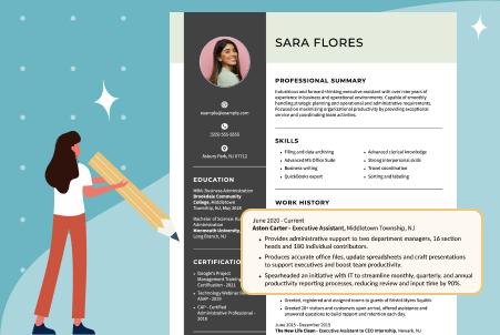 Illustration of a job resume with the candidate's photo in the corner, with the section listing projects highlighted, alongside an icon of a person holding a pencil