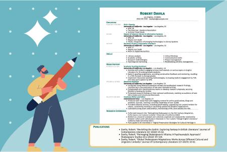 Illustrated graphic showing a job resume with the portion highlighted that lists publications, alongside an icon of a person holding a pencil