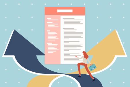 Illustration of a woman with a briefcase walking toward a large resume positioned above two diverging arrows, symbolizing a career change