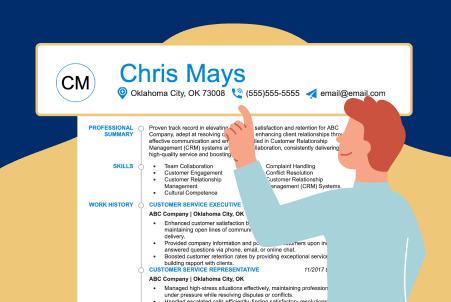 Illustrated graphic showing a job resume alongside an icon of a person pointing to a resume icon of a phone next to a phone number