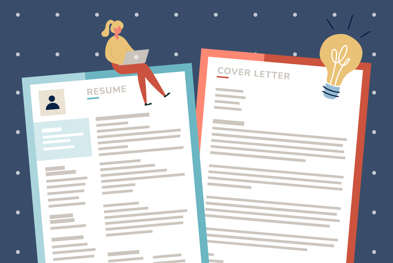 Graphic of a side-by-side comparison of a resume and cover letter, with illustrations of a woman on a laptop and a lightbulb, showing layout and content differences.
