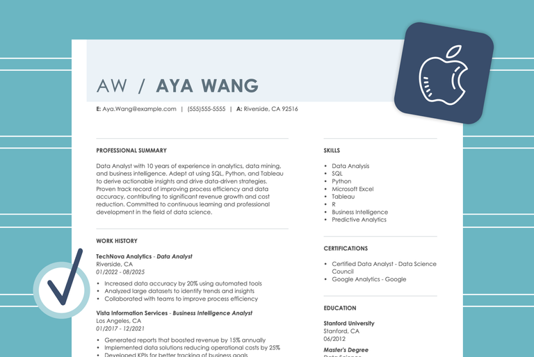 Graphic of a data analyst resume for Apple featuring a clean, minimalist design, professional experience, a check mark, and an Apple logo icon.