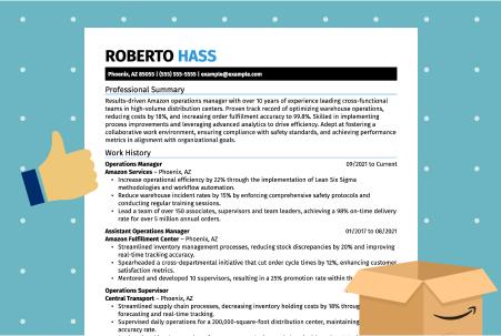 Illustrated graphic showing a resume tailored to a job at Amazon, alongside a thumbs-up icon and an icon of an Amazon delivery box