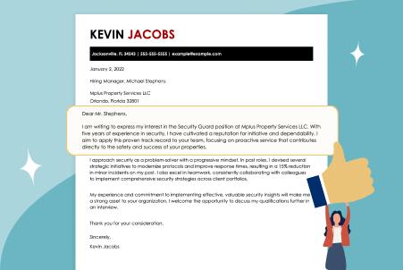 Illustration showing a cover letter with a compelling and engaging introductory paragraph highlighted, alongside a person holding up a thumbs-up icon
