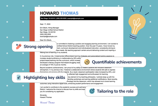 Graphic of a cover letter with a lightbulb icon and callout boxes highlighting cover letter tips like a Strong opening and Highlighting key skills.