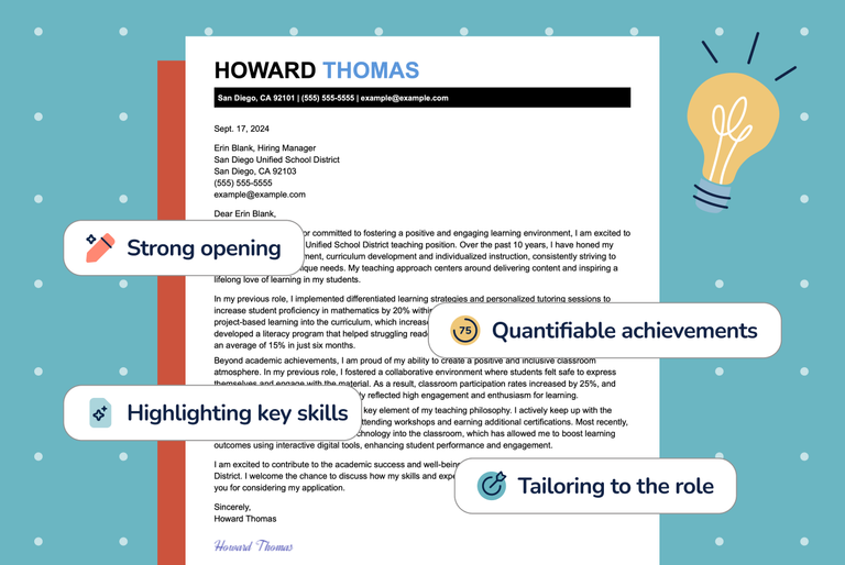 Graphic of a cover letter with a lightbulb icon and callout boxes highlighting cover letter tips like a Strong opening and Highlighting key skills.