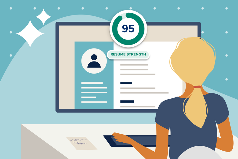 Illustration of a person looking at a computer screen displaying a resume with a