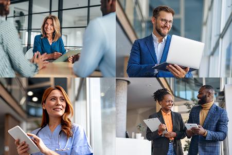 Collage of four photos showing professionals engaged in various six-figure jobs, showcasing success and expertise in different fields