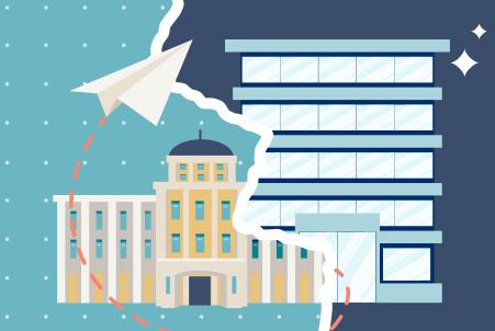 An illustration of a paper airplane flying from a traditional government building toward a modern office building, symbolizing a transition from the federal to the private sector