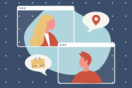Illustration of a man and woman communicating through online video windows, with speech bubbles showing icons for a briefcase and a location pin, symbolizing remote work
