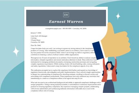 Illustration showing a professional cover letter with a bold header, consistent alignment, and professional font, alongside an icon of a person holding a thumbs-up symbol