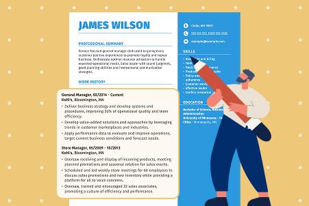 An illustration of a sample resume and a man holding a pencil, with the section on work history, promotions, and career progression highlighted