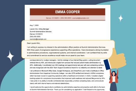 A sample cover letter with its opening paragraph highlighted, and an illustrated person holding a giant 