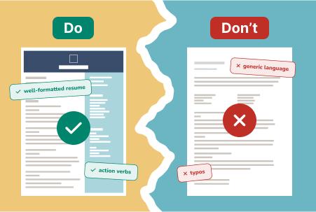 Illustrated graphic showing a split image of two resumes, with 