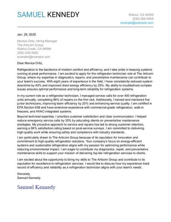 Refrigerator Technician Cover Letter Example