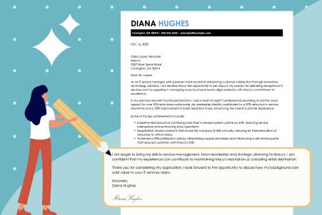 Illustrated graphic showing an image of a cover letter highlighting the end section of the cover letter, alongside an icon of a person pointing a pencil at the end section