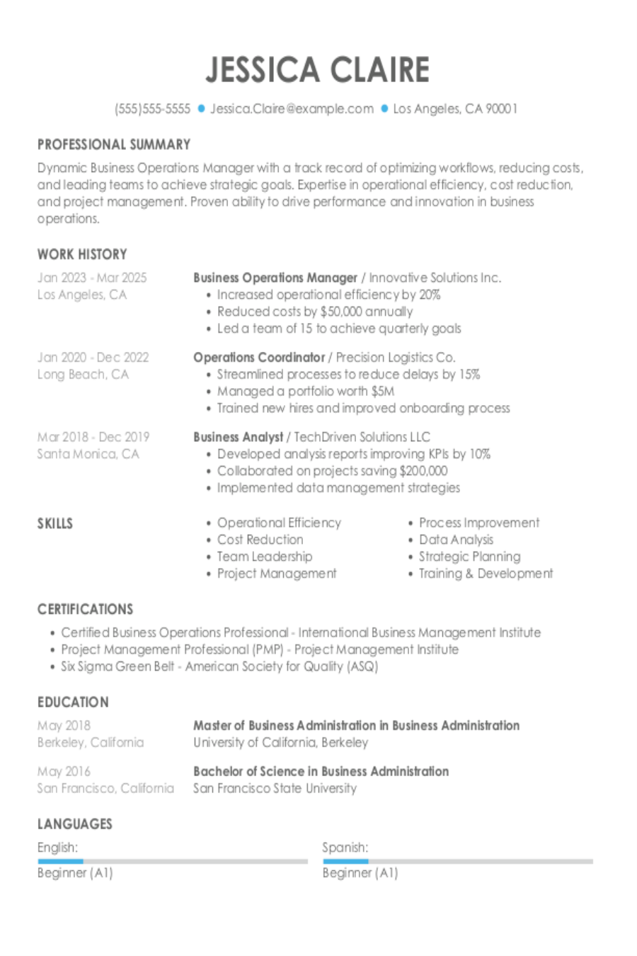 Business Operations Manager Resume Examples & Templates