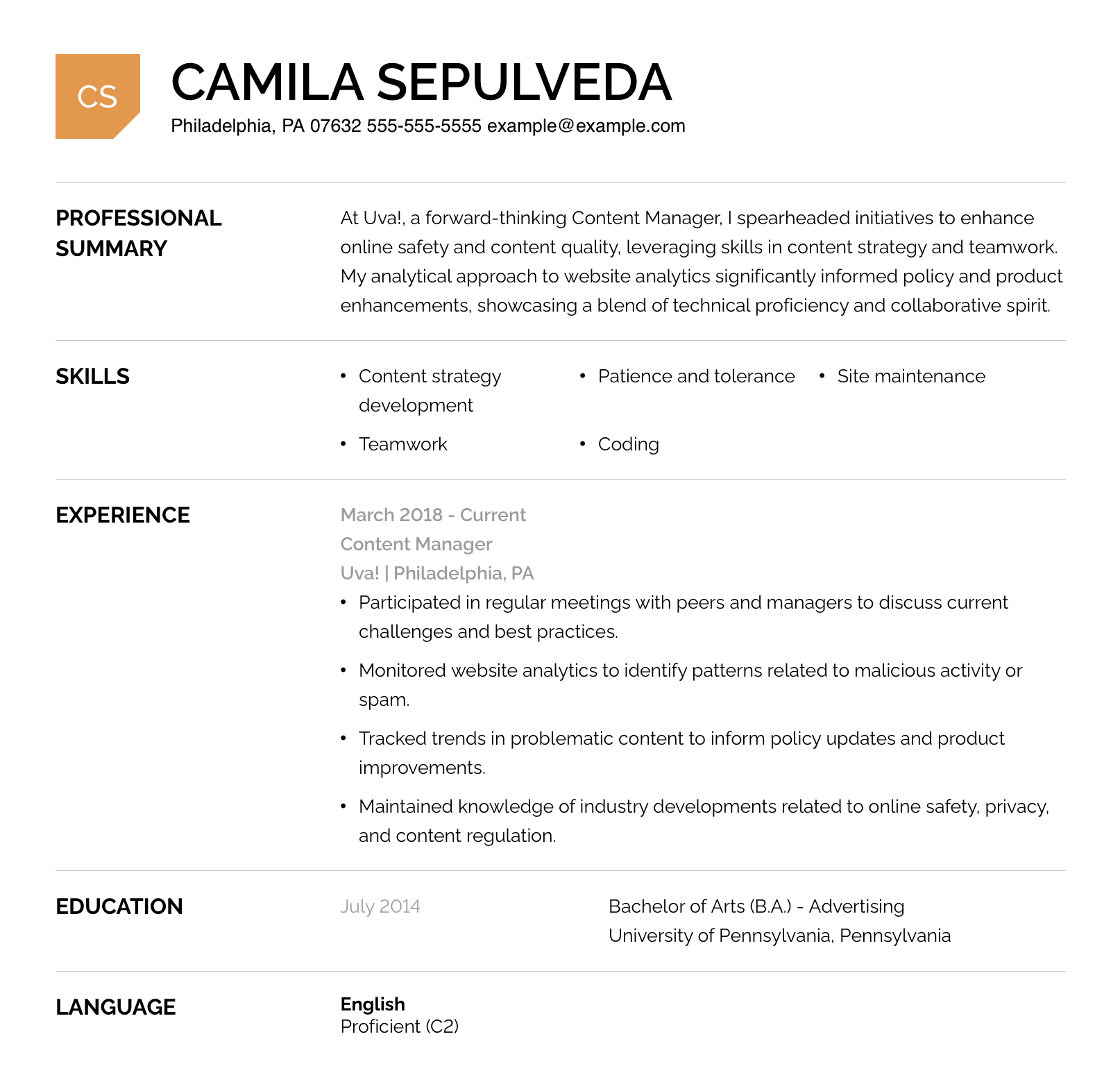 Content Manager Colorful Resume