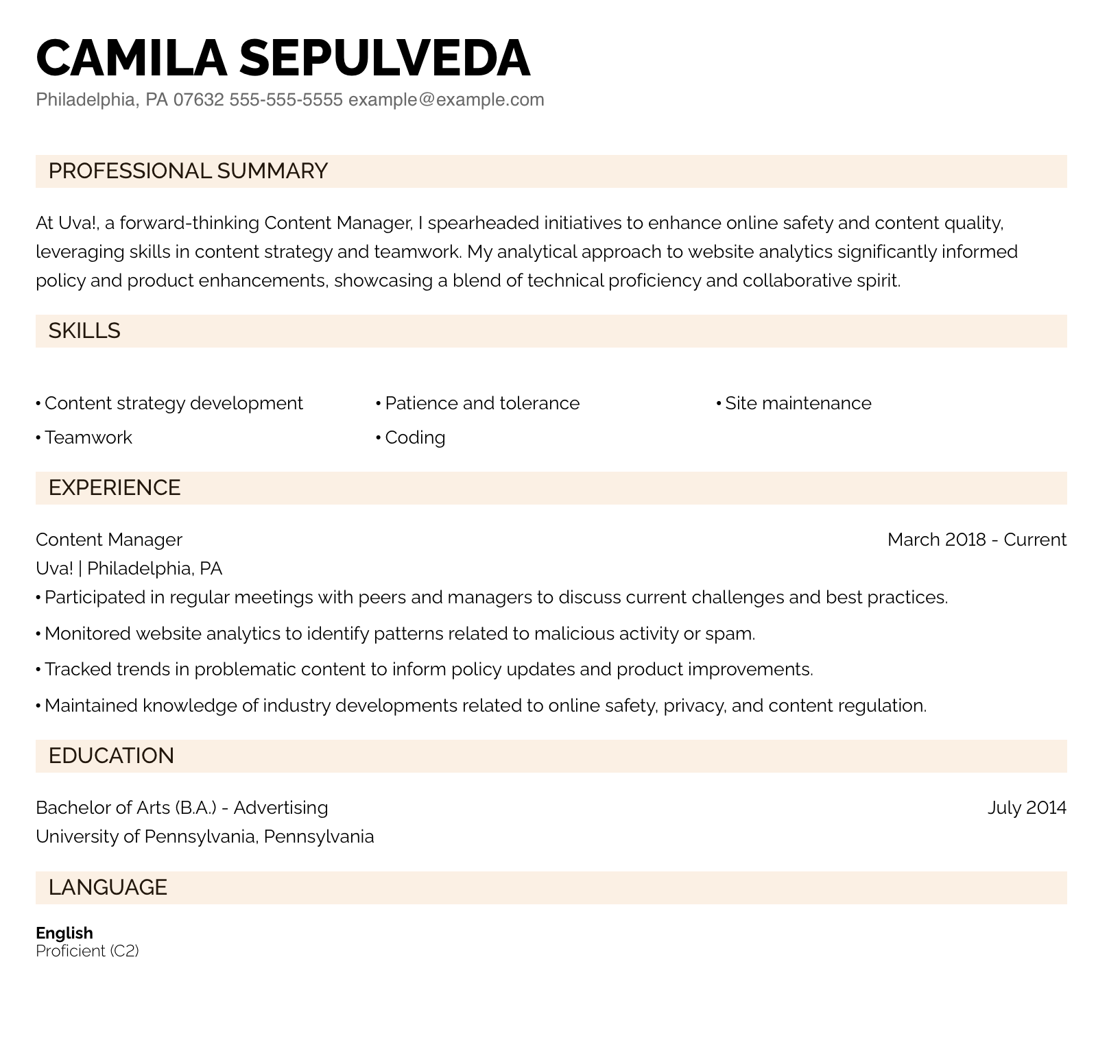 Customizable Content Manager Resume