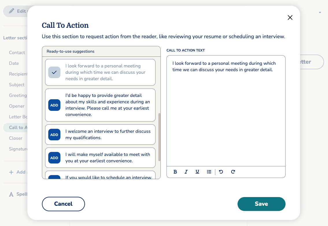 MyPerfectResume cover letter ending and call to action generator