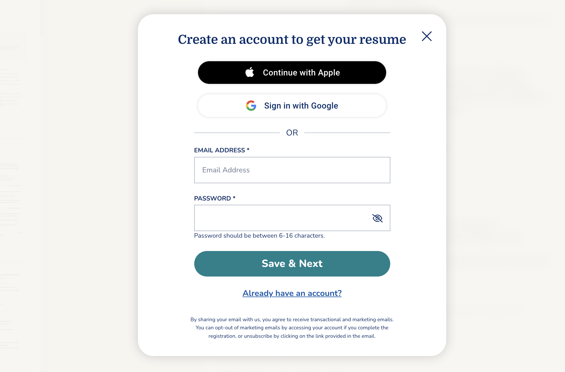 MyPerfectResume Resume Builder free account