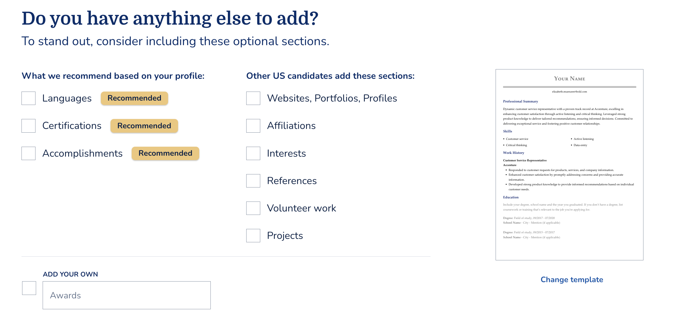 MyPerfectResume Resume Builder optional sections