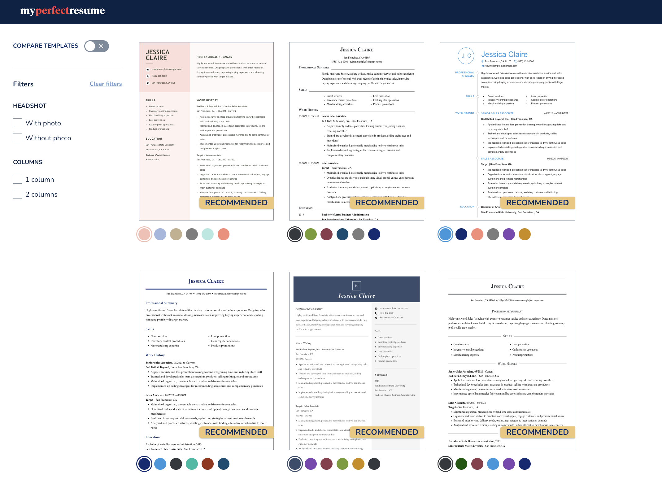MyPerfectResume Resume Builder template selection