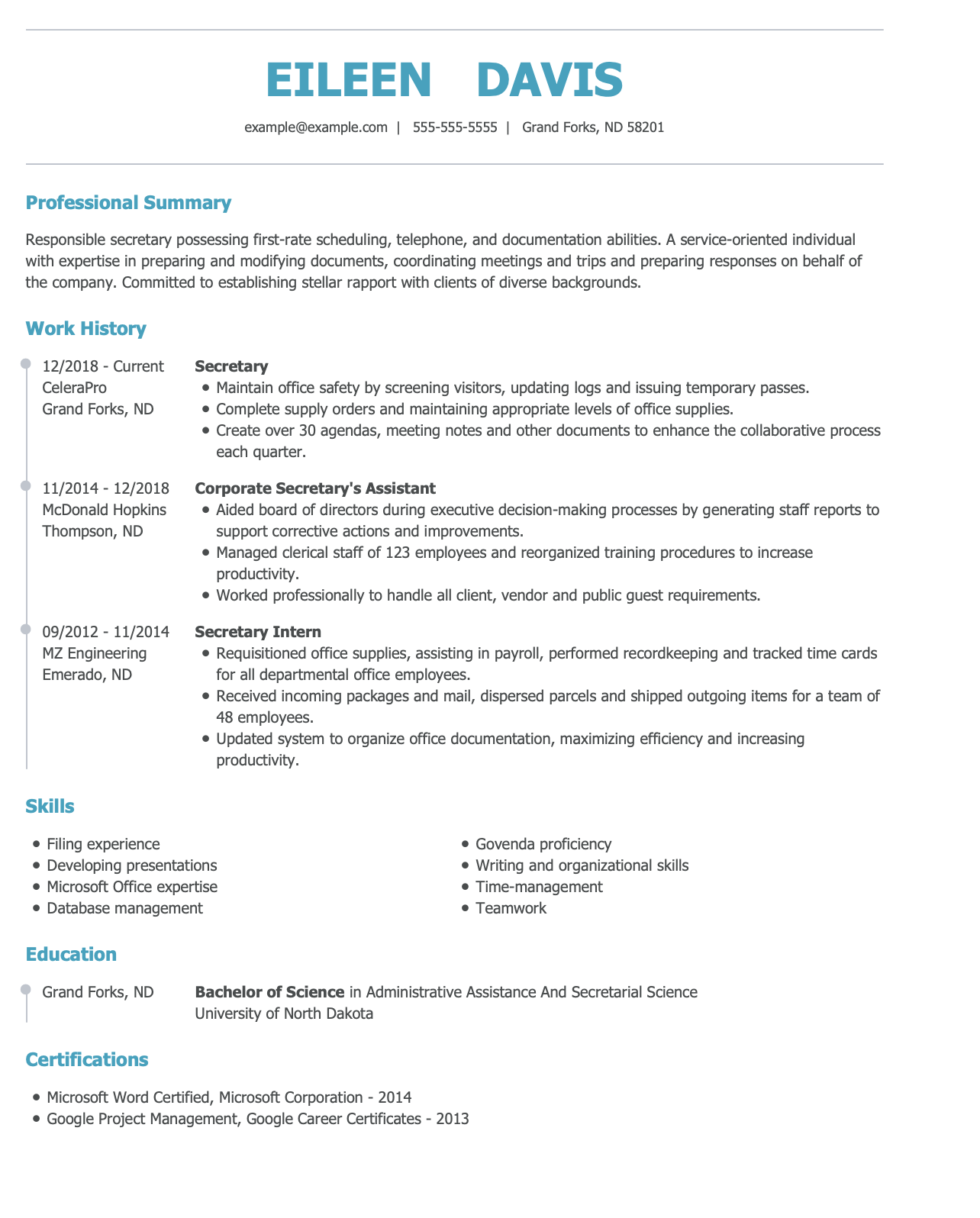 Secretary Resume Example