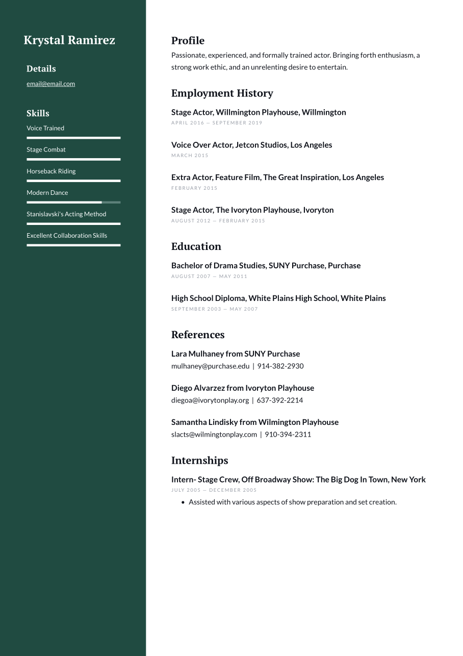 Trained Actor Green White Resume Template