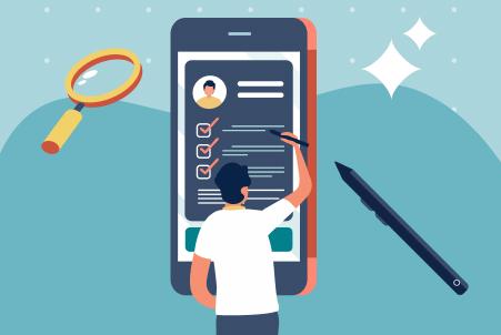 An illustration of a person using a stylus to build a resume displayed on a giant smartphone