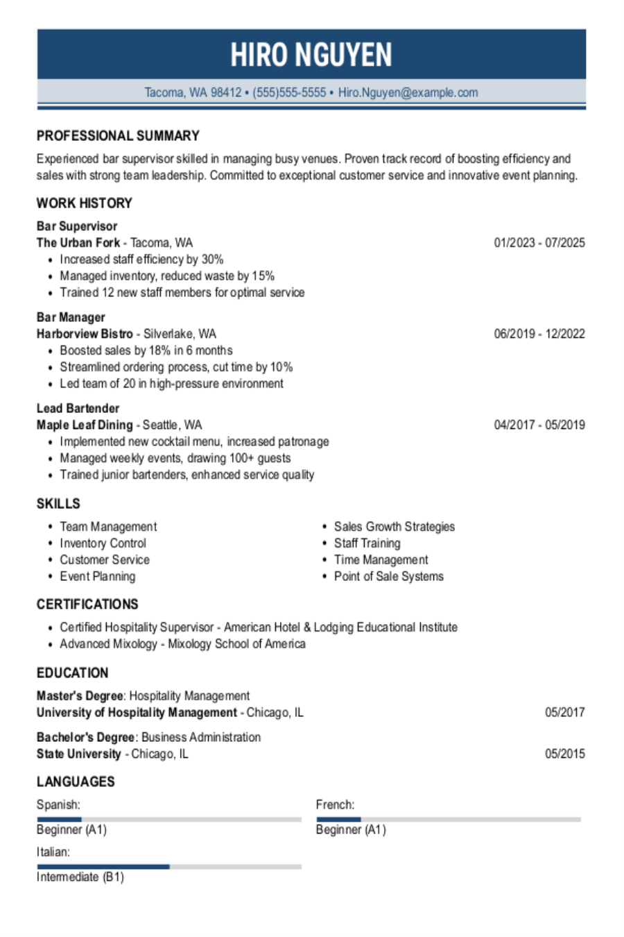 Bar Supervisor Resume Examples & Templates