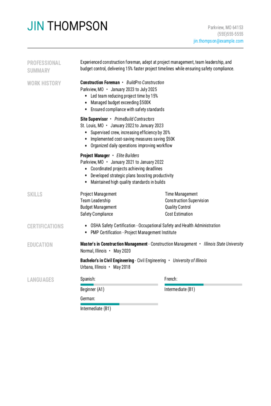 Construction Foreman Resume Examples - Construction Foreman