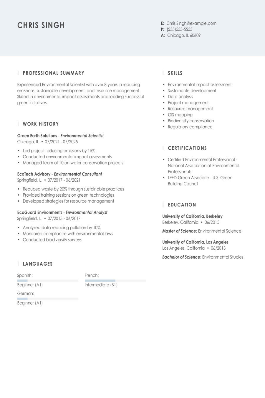 Environmental Science Resume Examples - Environmental Science