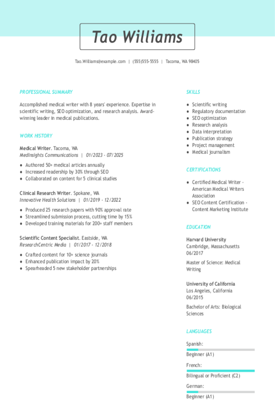 Medical Writer Resume Examples - Medical Writer