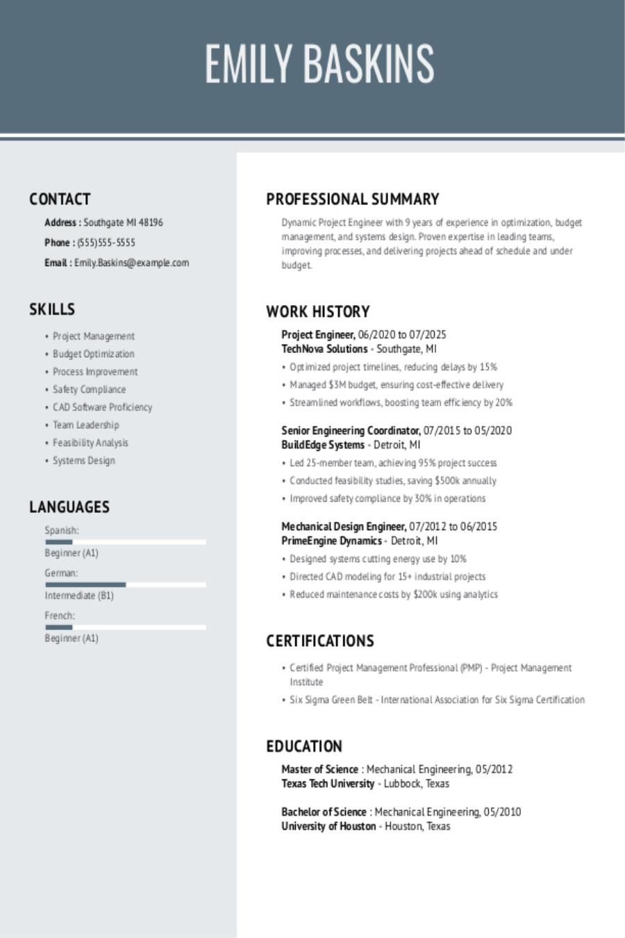 Project Engineer Resume Examples & Templates