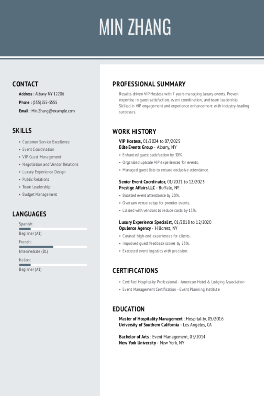 VIP Host and VIP Hostess Resume Examples & Templates