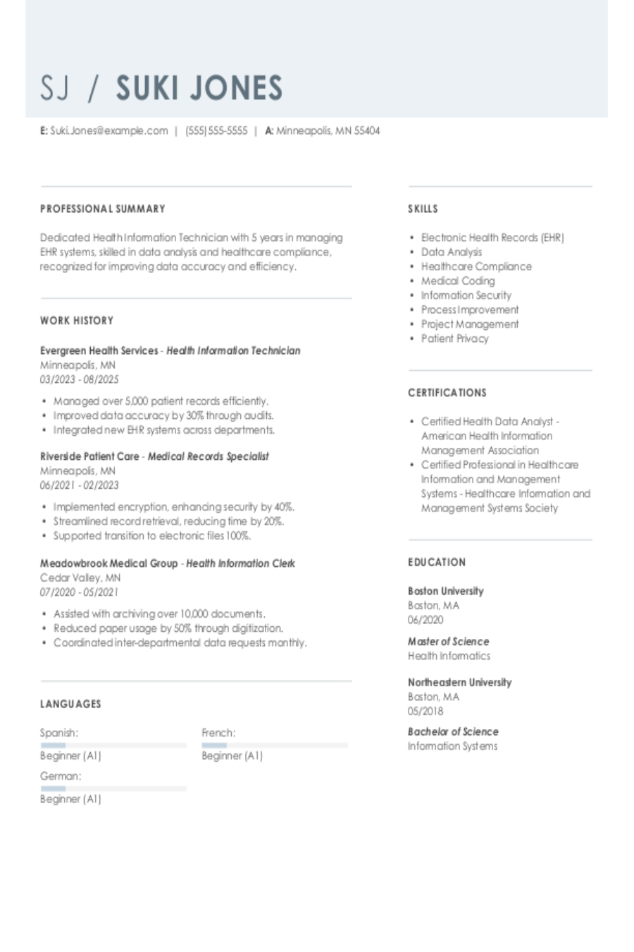 Health Information Technician Resume Examples & Templates