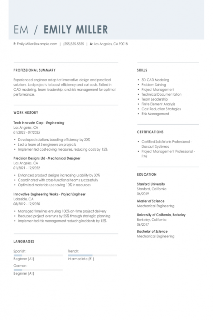 Mechanical Engineer Resume Example