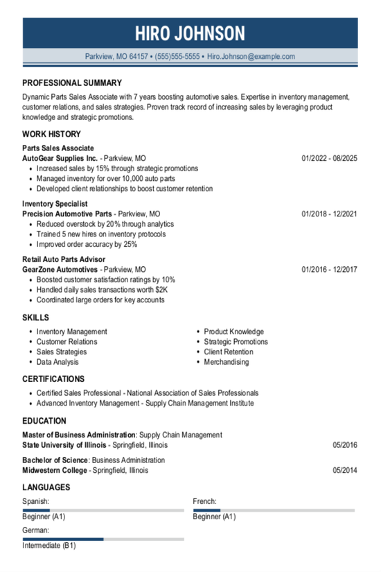 Parts Sales Associate