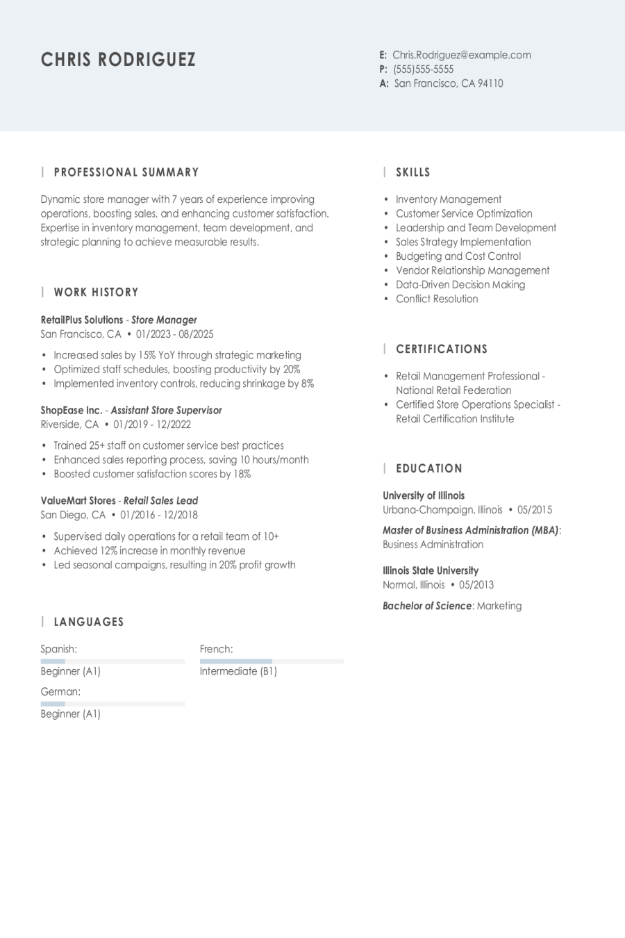 Store Manager Cv Sample Store Manager Resume Examples for All Levels