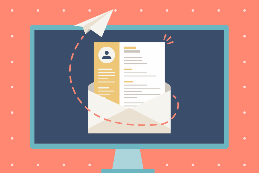 Graphic of a resume in an envelope with a paper plane icon, representing sending a resume via email