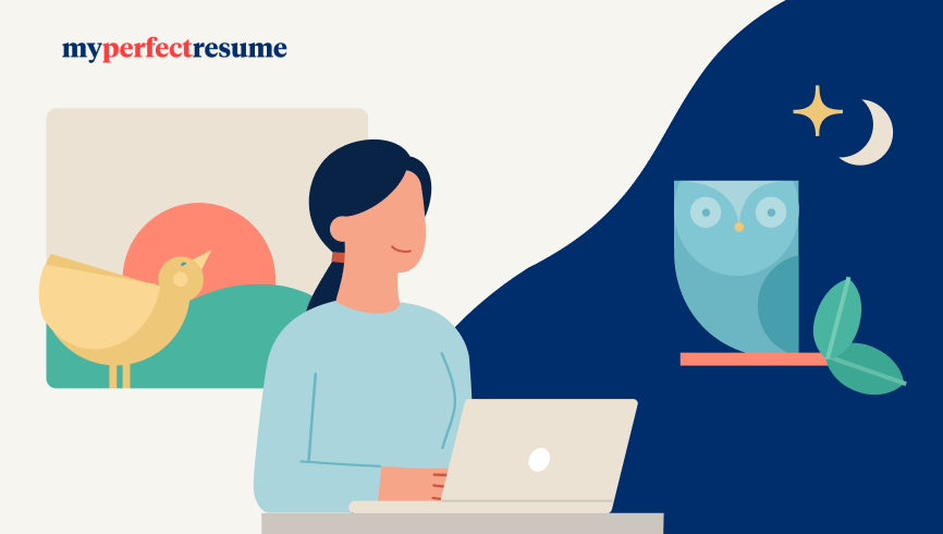 Animated person working on laptop split night and day background depicting chronotype and career success.