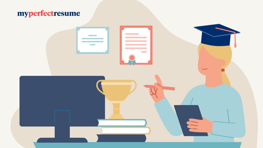 Overeducated person with a graduation cap next to books, computer, and degrees.