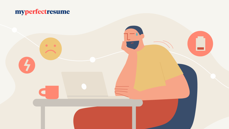 A man sitting at his desk looking at a laptop with a concerned expression. Icons representing unhappiness and energy surround him.