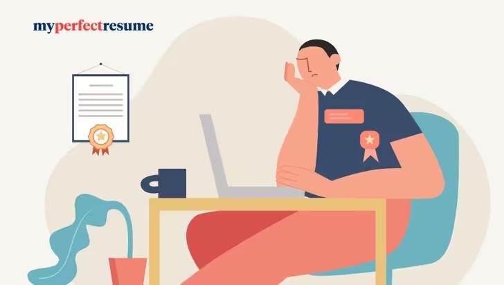 Illustration of a bored worker at a desk, highlighting the career dilemma of choosing stability vs advancement.