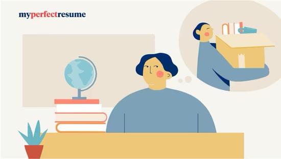 An illustration of a worker sitting at a desk, dreaming of quitting and carrying a box of belongings.
