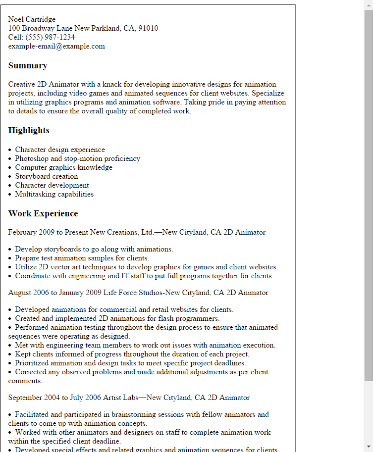 professional 2d animator templates to showcase your talent professional details on a resume
