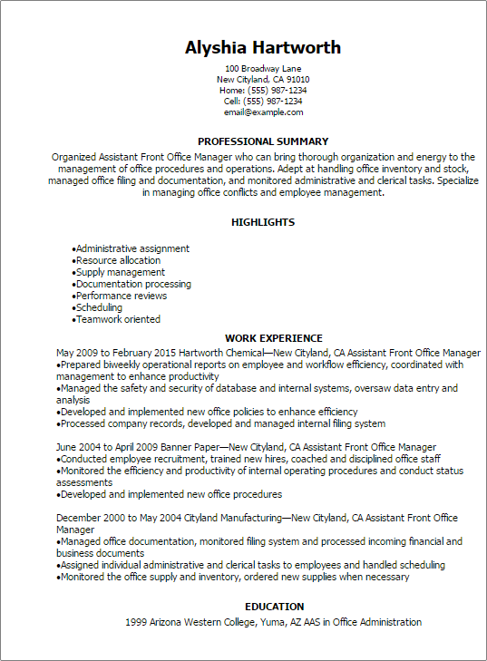 Front Office Assistant Resume Remar