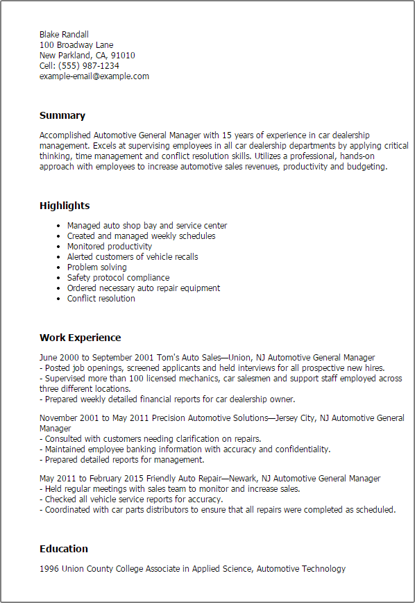 Automotive General Manager Resume Templates Mpr